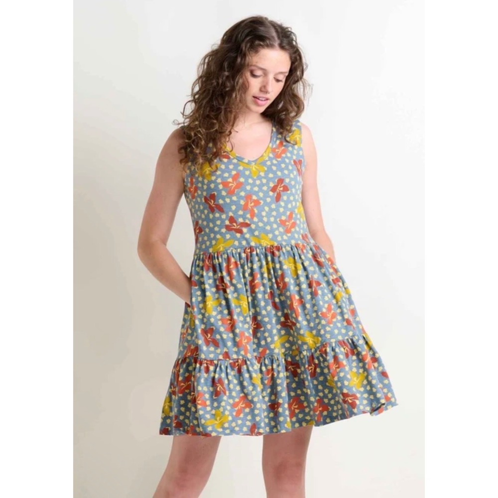 Toad&Co Womens Blue Floral Organic Cotton Tencel Tiered V-Neck Mini Dress XL